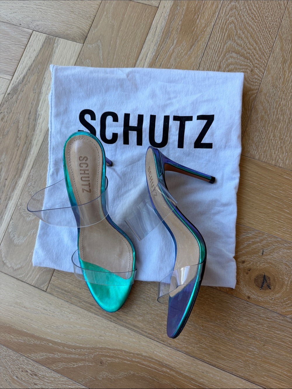 SCHUTZ Iridescent Teal Open-Toe Stiletto Heels with Clear Straps